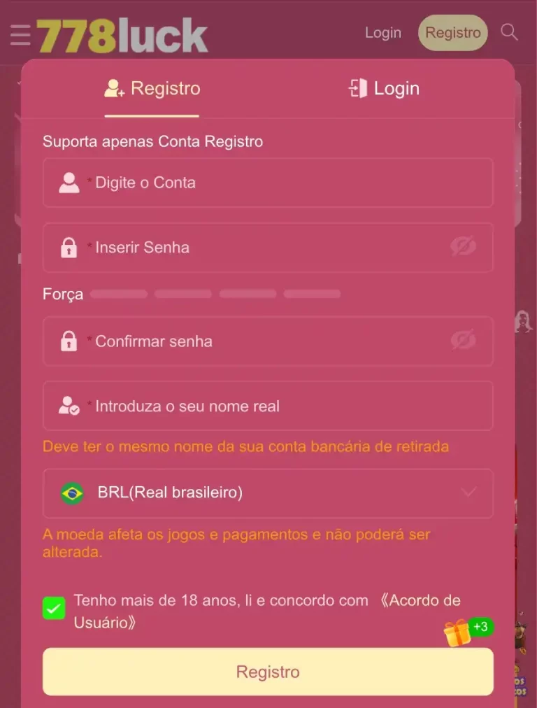Tela de registro no 778LUCK cassino